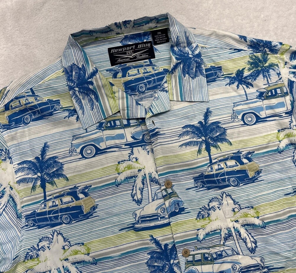 Newport Blue Button Up Shirt Mens 2XL Blue Green Pal Tree Wagon GM Official NWT